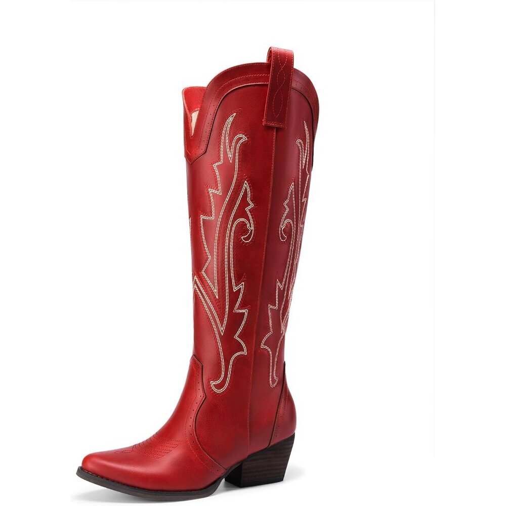 Women's Red Rubber Embroidered Cow Girl Knee High Comfortable Chunky Boots